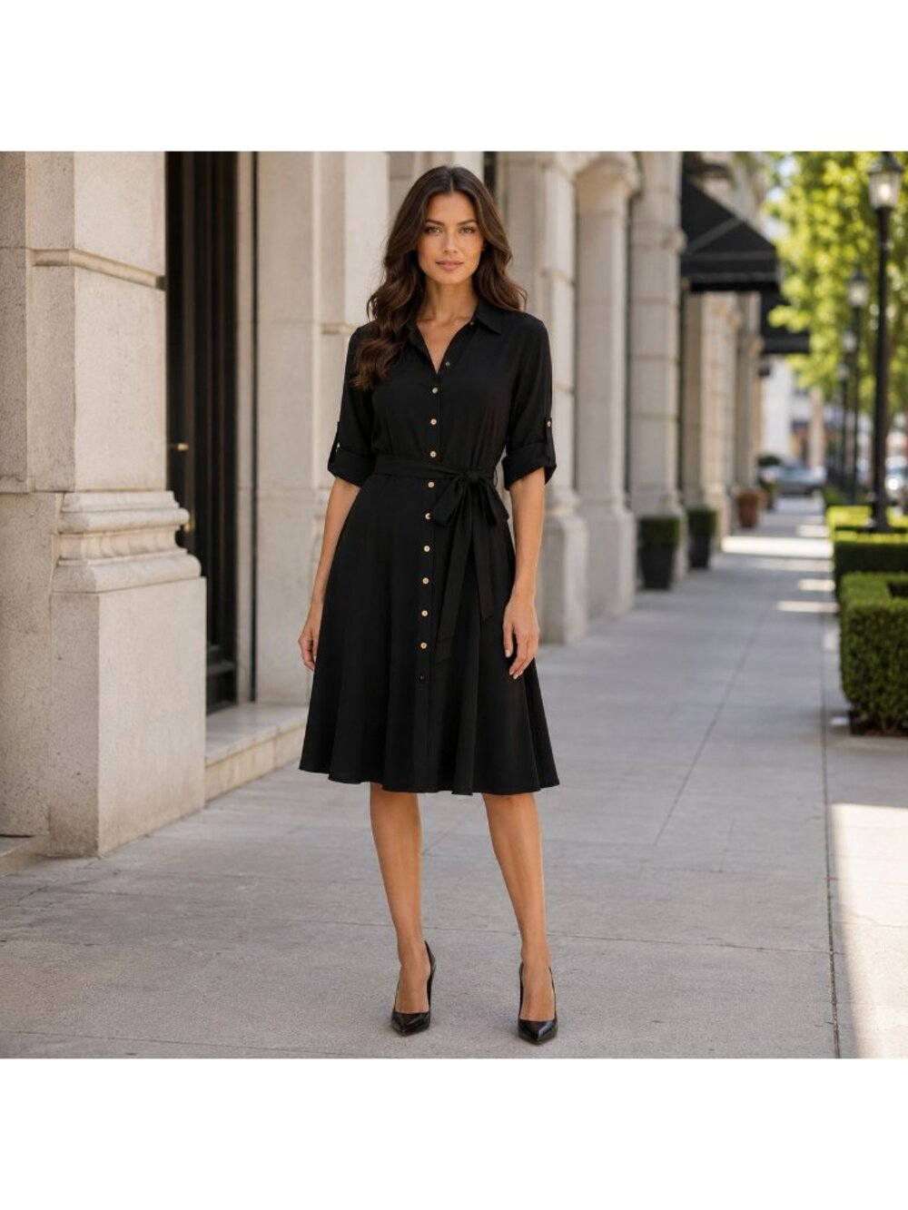 Sharagano Women Button Front Belted Shirt Roll Tab Sleeve Dress Size 12